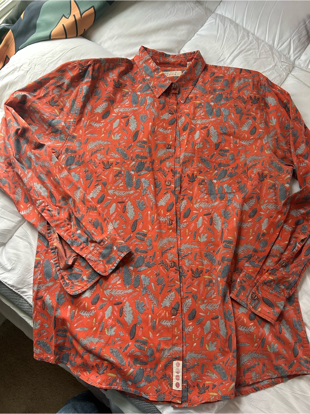 Perry Ellis Orange Printed Long-Sleeve Button-Down Shirt with Gray Accents